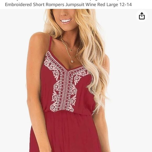 Woman’s Loose V Neck Spaghetti Strap Embroidered Short Rompers Jumpsuit - Picture 2 of 5